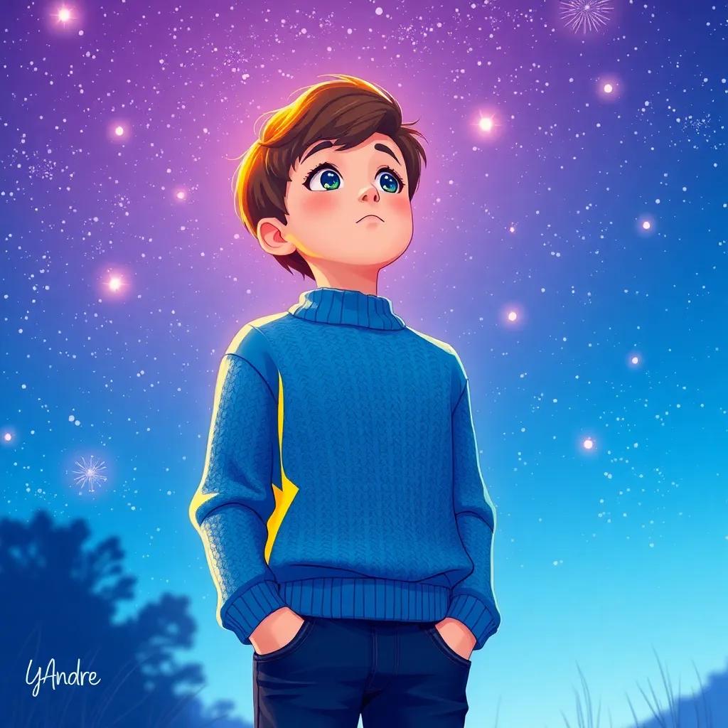 A young boy, Yro André, with short brown hair wearing a cozy blue sweater and jeans, standing outside under a clear night sky with gleaming stars, looking up in wonder, digital art, vibrant colors, magical atmosphere, high quality