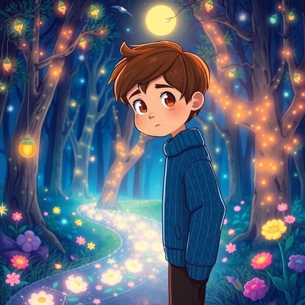 A young boy, Yro André, with short brown hair in a cozy blue sweater, following a sparkling path of moonlight through an enchanted forest with glowing trees and dancing flowers, illustration, whimsical style, colorful, inviting, high quality