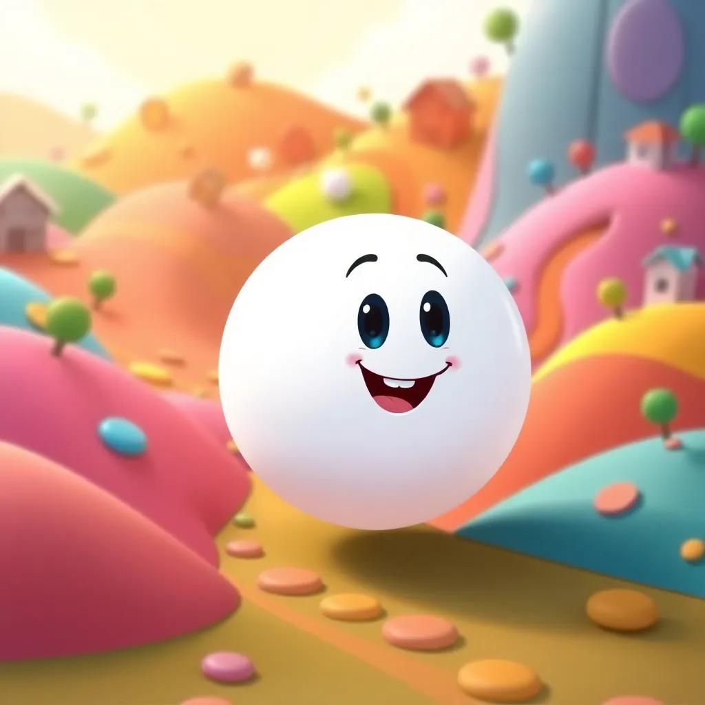 A bright round number, Zero, with a cheerful expression, rolling through colorful hills in a whimsical world of numbers, playful scenery, vibrant colors, cheerful atmosphere, joyful and fun