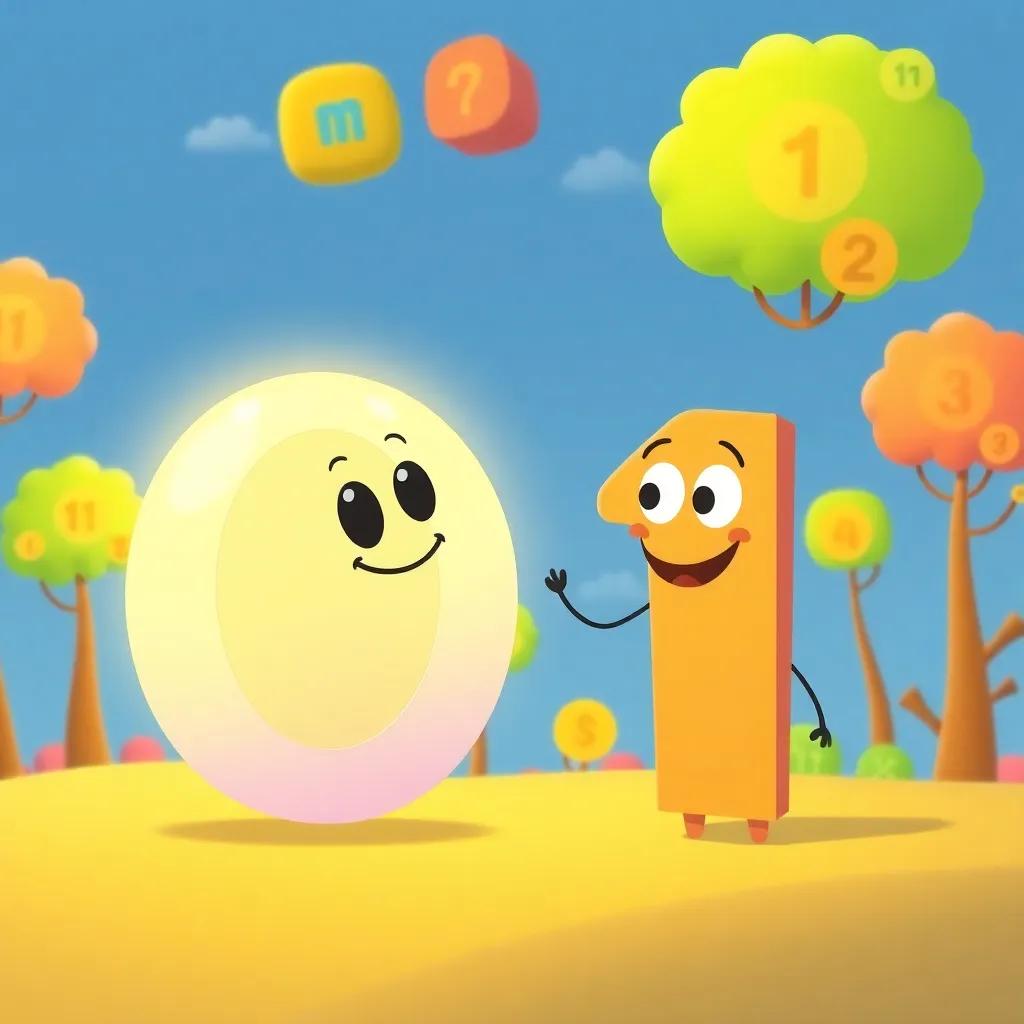 Zero, a bright round number, talking to One, a tall number with a friendly smile, both set in a lively number kingdom filled with trees made of math symbols, illustration, child-friendly, warm and inviting
