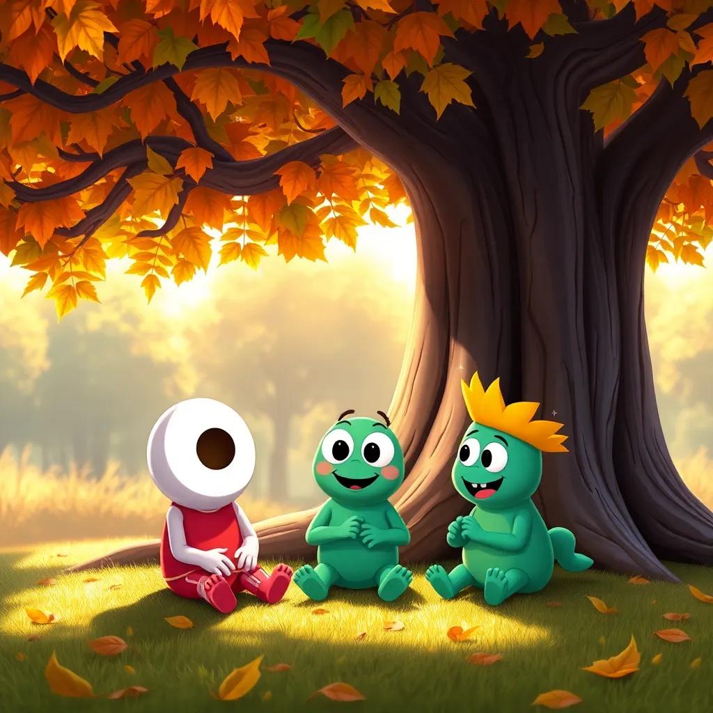 Zero and One meeting Two and Three, sitting together under a big tree with bright leaves in the Number Kingdom, detailed and colorful, bright day, playful and cheerful