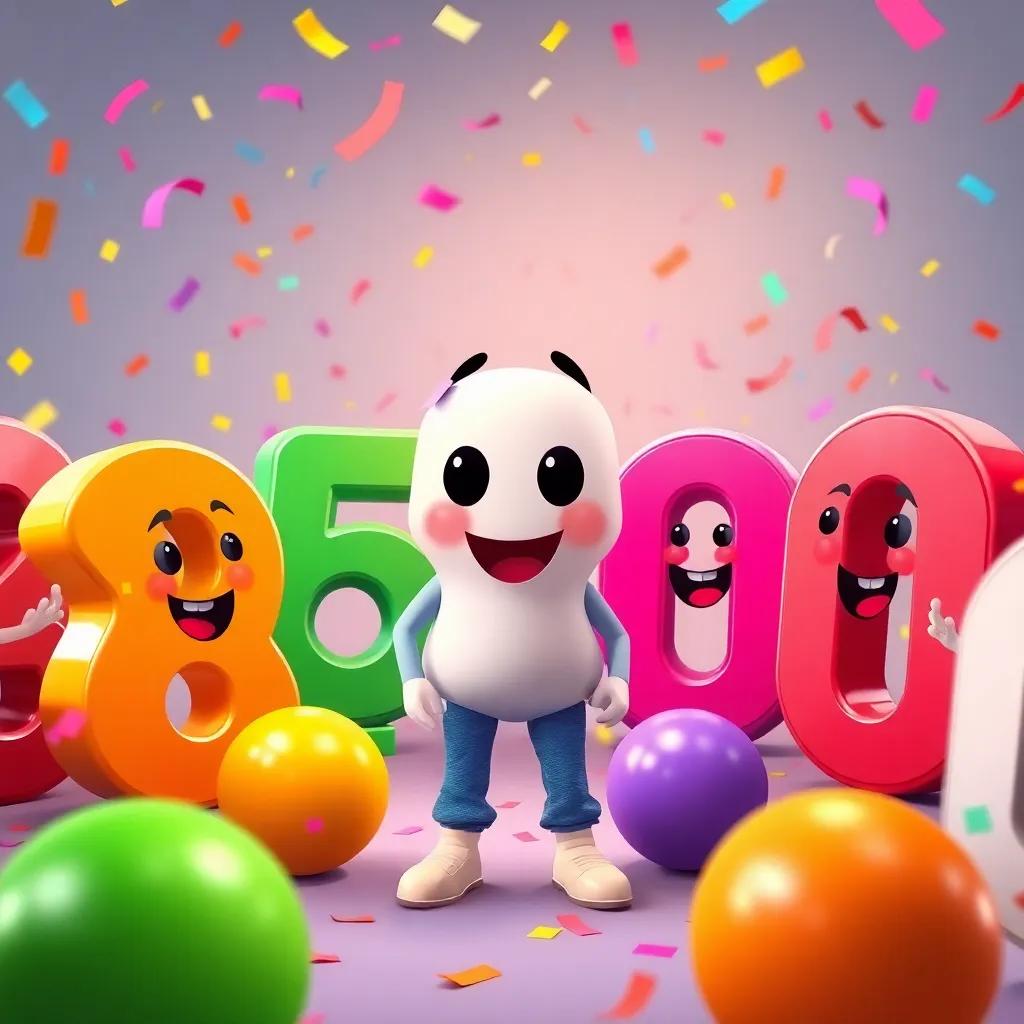 Zero standing in the center of friendly numbers, all excited to play games, with colorful confetti in the air, lively and fun, whimsical atmosphere, vibrant and cheerful
