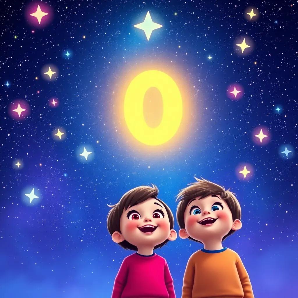 A magical night sky filled with twinkling stars, Zero counting alongside One, Two, and Three, all looking up with excitement, colorful and dreamy, joyful and magical