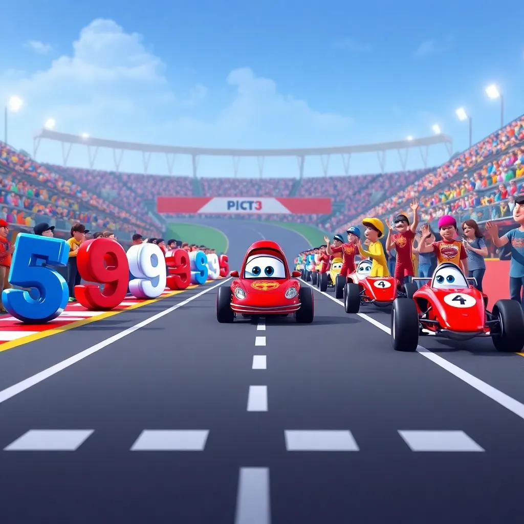 A race track with numbers lined up and Zero ready at the start line, all numbers cheering, playful scene, energetic atmosphere, fun and competitive