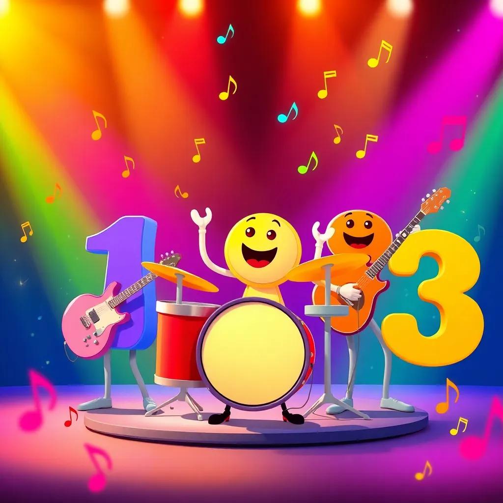 A festive number band with Zero on drums, playing music together with One, Two, Three, surrounded by colorful musical notes, vibrant stage, joyful and lively
