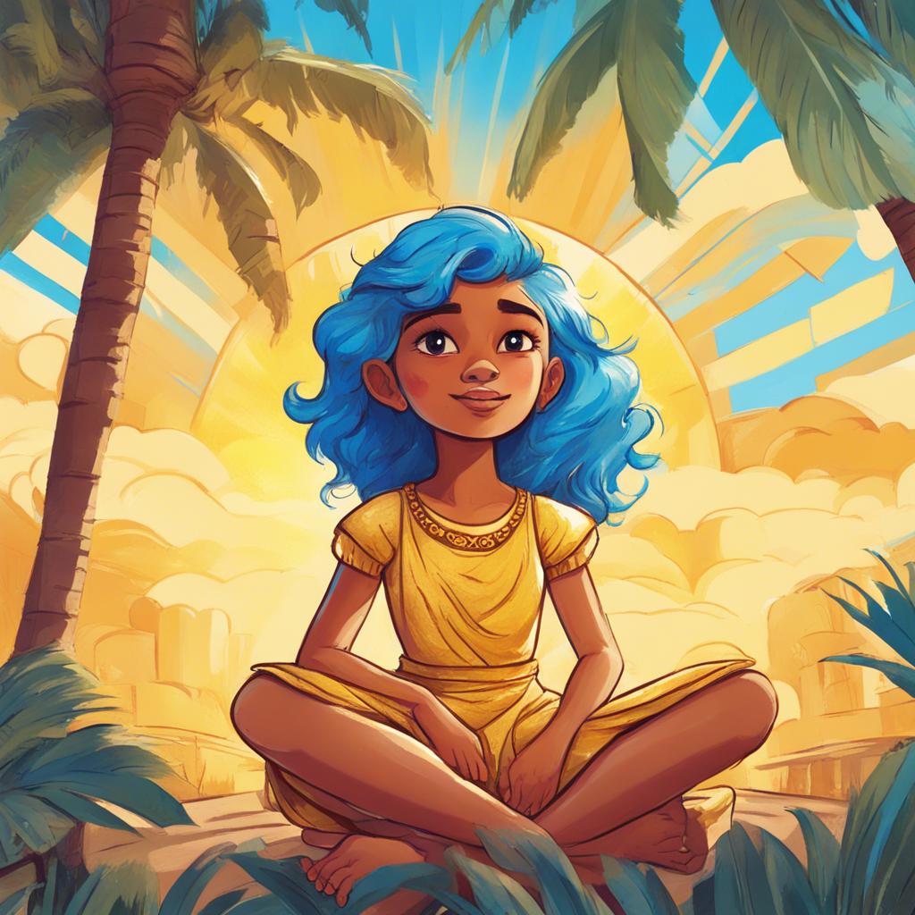 A brave princess with bright blue hair, wearing a golden dress, sitting under a palm tree, looking determined, with a bright sun overhead, vibrant colors, cheerful scene