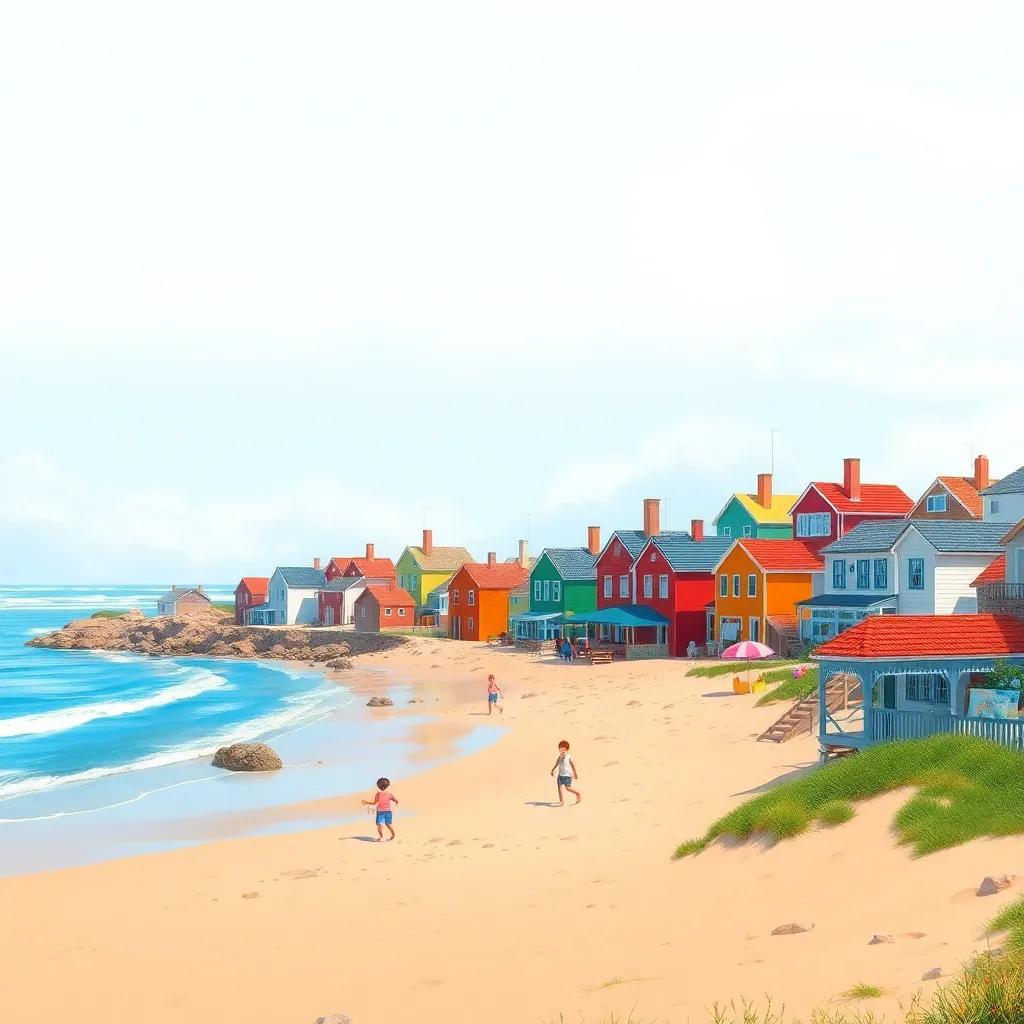 A small village by the sea with colorful houses and a sandy beach, children playing in the background, bright sunny day, digital art, vibrant colors, cheerful atmosphere, high quality