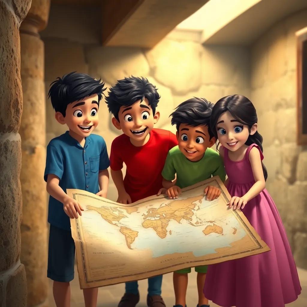 Four friends: Ali, a young Arab boy with short black hair in a blue shirt; Youssef, a young Arab boy with curly hair and a red t-shirt; Omar, a young boy with olive skin in a green shirt, and Sara, a young girl with long dark hair in a pink dress, excitedly looking at an old map in a basement, detailed, warm light, childhood wonder, high quality