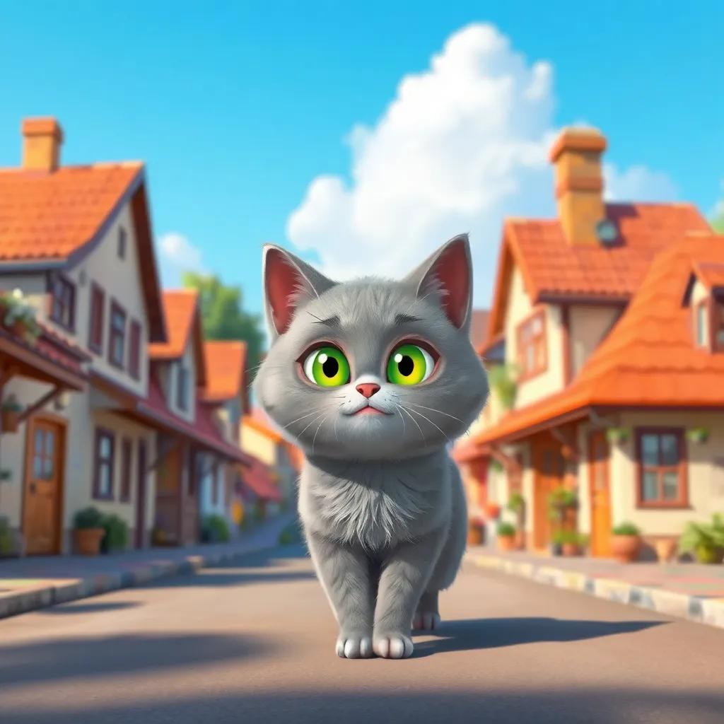A cozy village with small houses, a fluffy grey cat named خ with bright green eyes, roaming the streets under a clear blue sky, digital art, cheerful atmosphere, high quality