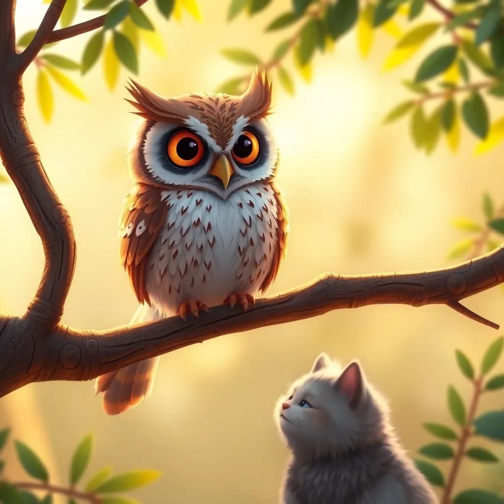A wise old owl named Olli perched on a branch with wise eyes, looking down at the fluffy grey cat خ below, surrounded by greenery and soft golden sunlight, charming art style, friendly mood