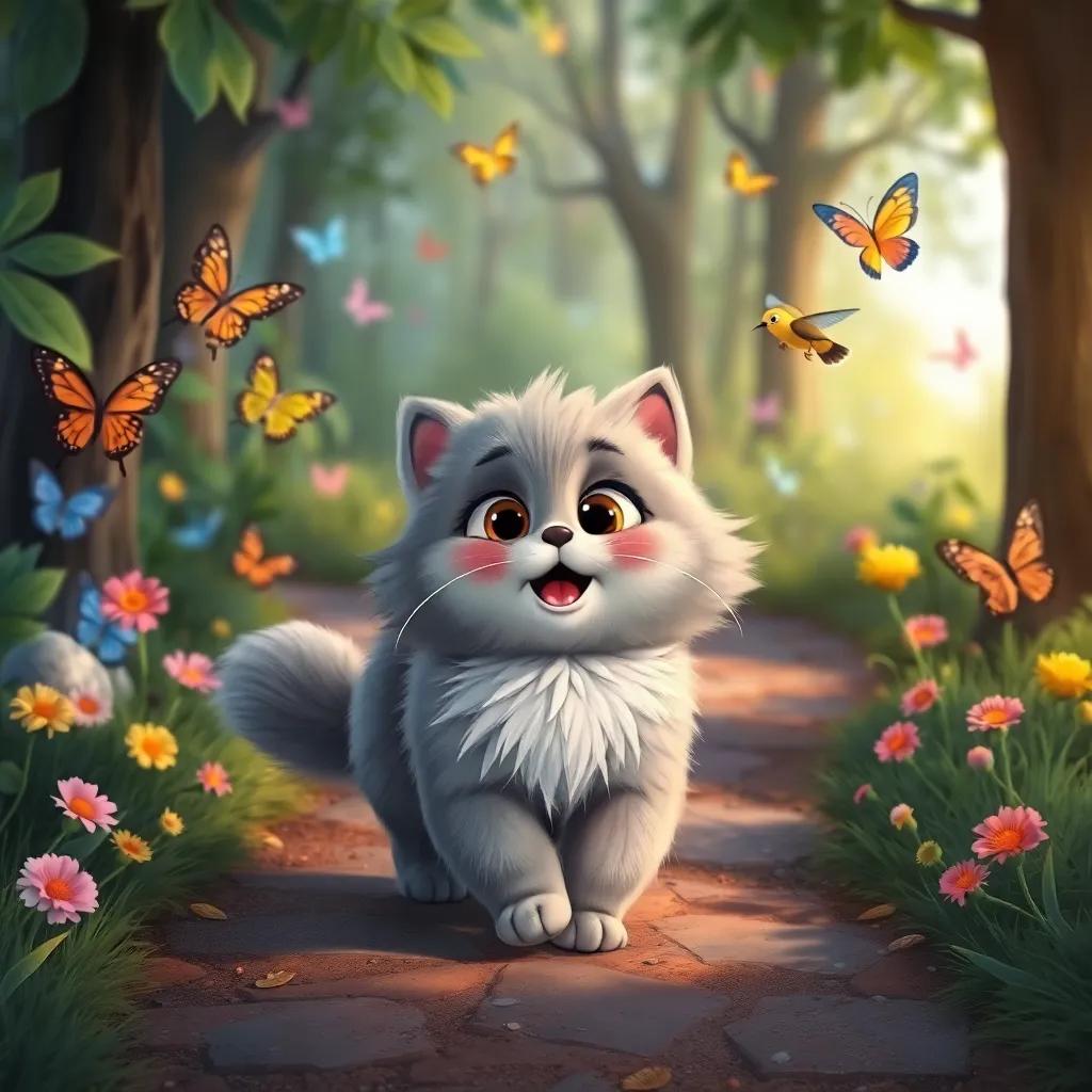 A fluffy grey cat خ with an excited expression, walking on a forest path, meeting colorful butterflies and chirping birds, lively and colorful environment, child-friendly illustration