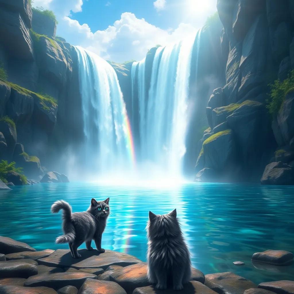 A stunning waterfall cascading into a shimmering pool, rainbow reflections in the water, a fluffy grey cat خ approaching with a look of awe, magical and serene scene, enchanting art