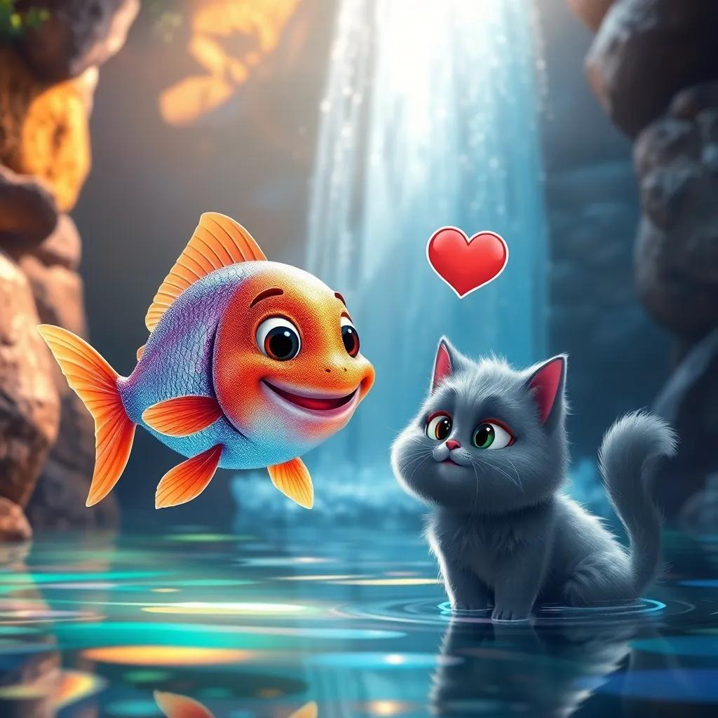 A smiling shimmering fish swimming in the clear pool of the waterfall, speaking to a fluffy grey cat خ with a happy expression, inviting and colorful underwater scene