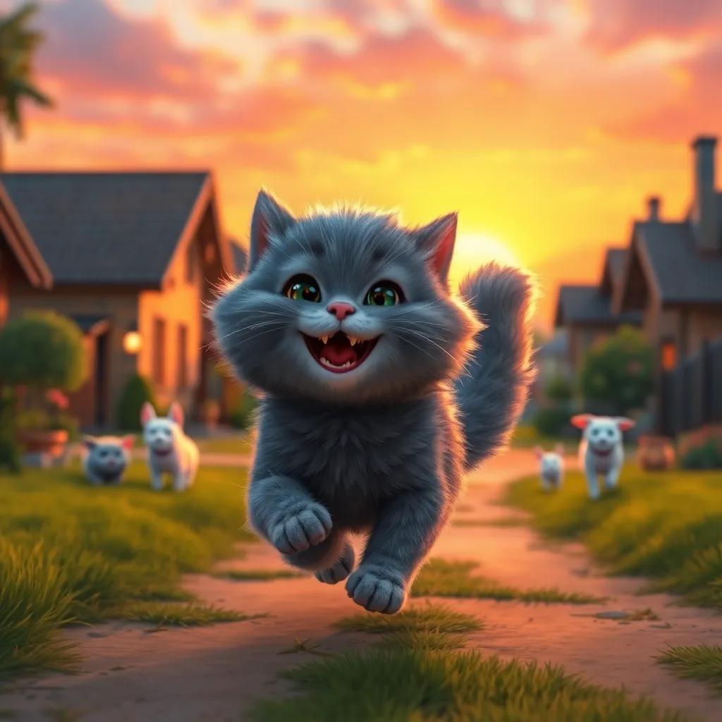 A fluffy grey cat خ running joyfully back to a cozy village with new friends around him, colorful sunset sky, warm light, expression of happiness, beautiful scene