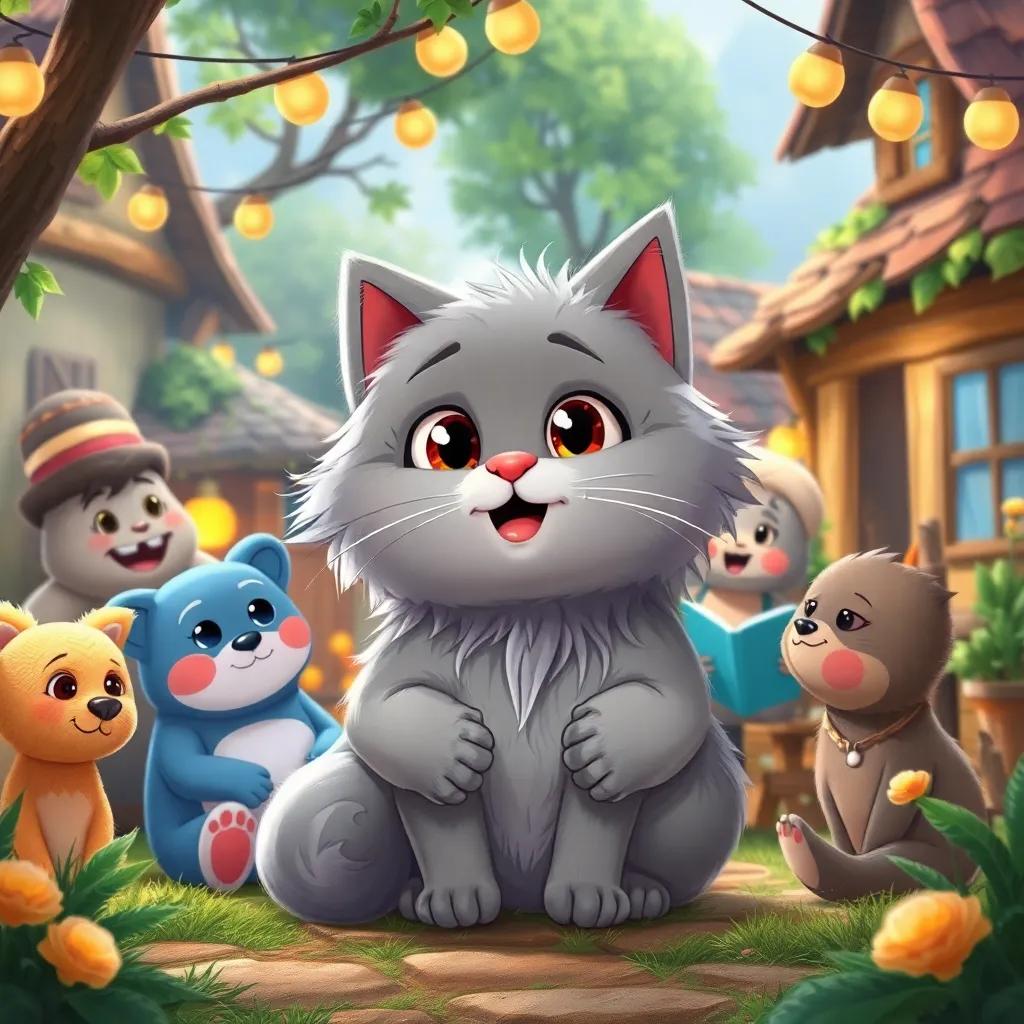 A scene of a fluffy grey cat خ surrounded by village friends, sharing stories of the adventure in a cozy village setting, cheerful atmosphere, cartoonish style