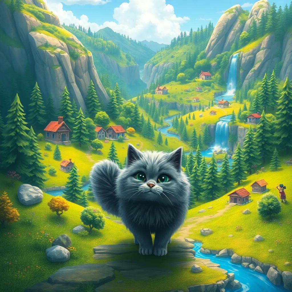 A beautiful landscape showcasing the journey of fluffy grey cat خ through the forest, with landmarks like the waterfall and villages, colorful map style, inviting and adventurous scenery