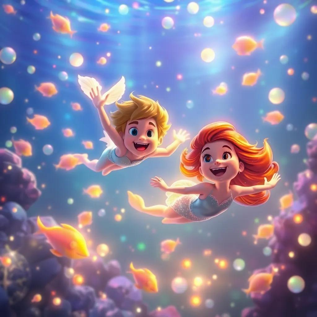 Leo and Mia swimming joyfully in a shimmering Quantum Ocean, surrounded by glowing fish and colorful bubbles, vibrant colors, magical atmosphere, fantasy style, high quality