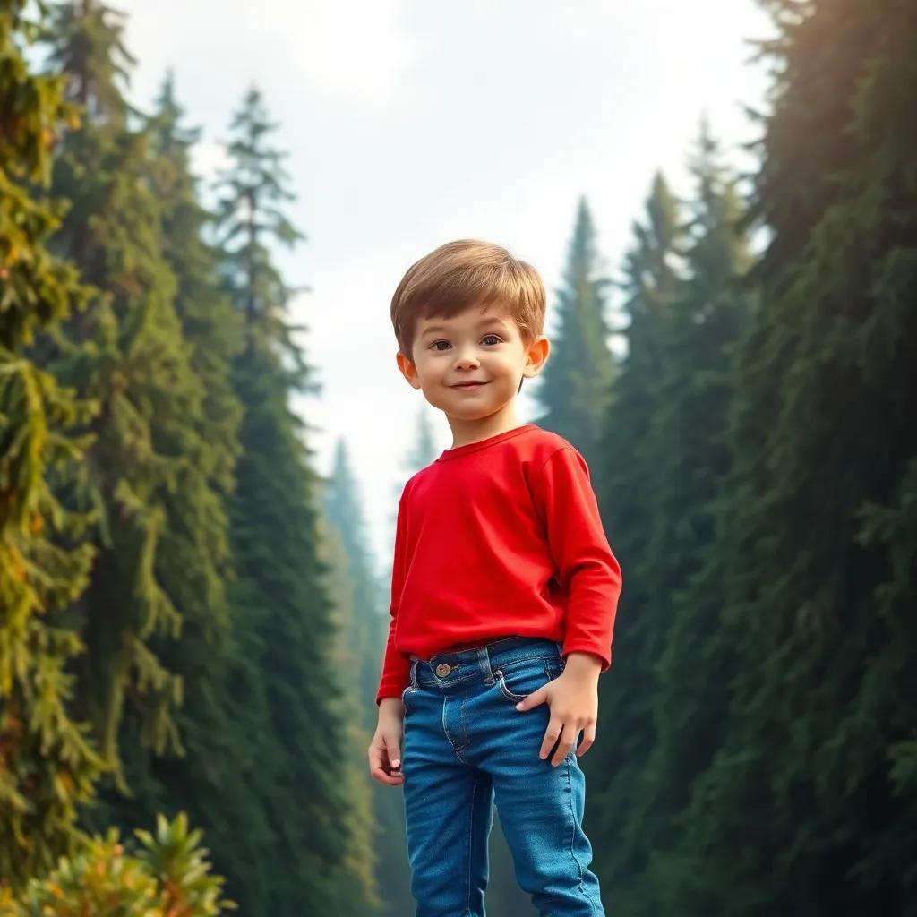 A brave little boy, Alexander, with short brown hair wearing a bright red shirt and blue jeans, standing at the edge of a tall, green forest, digital art, vibrant colors, cheerful atmosphere, high quality
