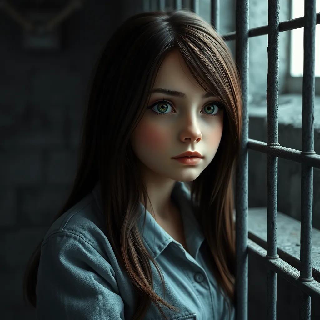 A brave girl, Amy, with long brown hair, wearing a simple prison uniform, looking out of a barred window with hope in her eyes, surrounded by a gloomy prison cell, digital art, detailed, somber colors, bright focus on Amy's face, hopeful perspective, high quality