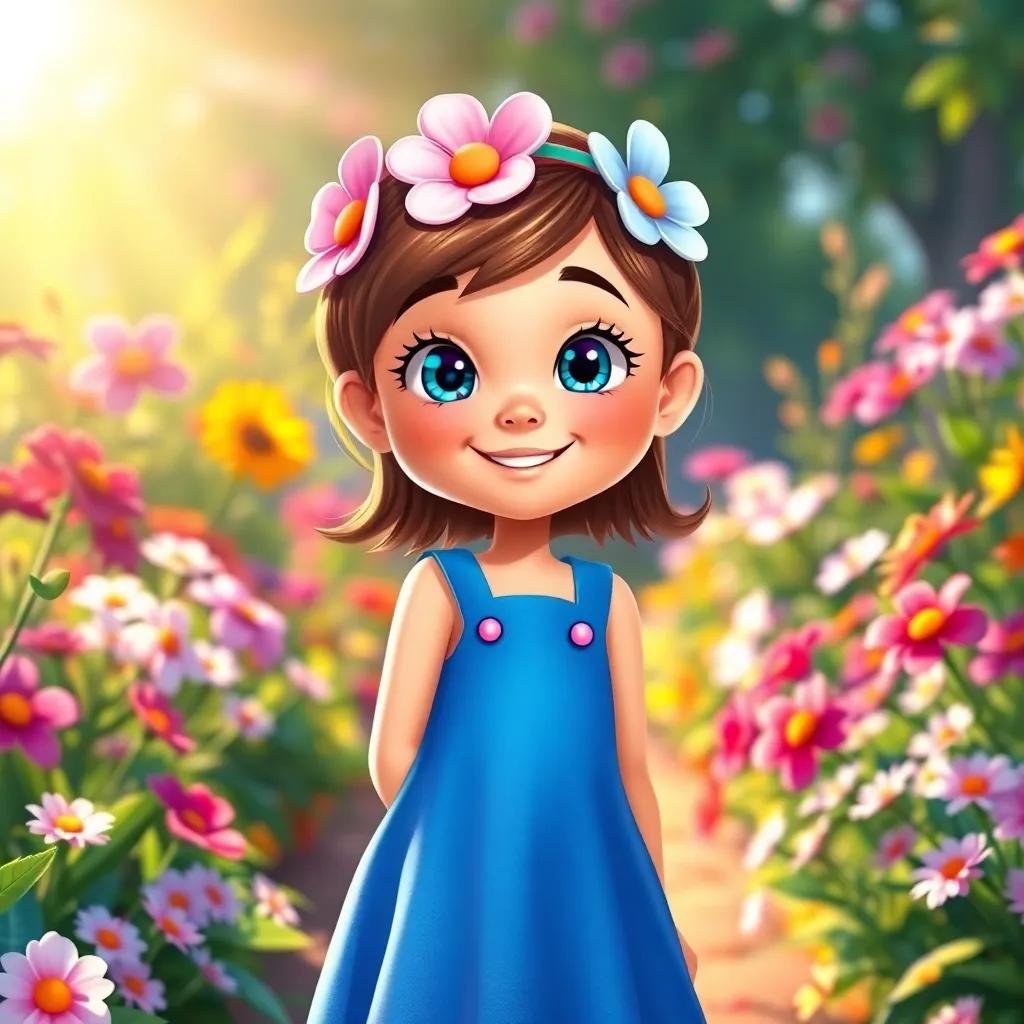 A cheerful girl, Apanovich Nika, with sparkling eyes, wearing a bright blue dress and a flower headband, standing in a colorful garden with flowers and sunlight, digital art, vibrant colors, joyful atmosphere, high quality, full of life