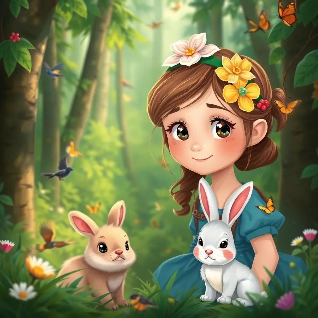 A young girl, Apanovich Nika, with sparkling eyes and a flower headband, deep in a green forest, alongside a small fluffy bunny named Binky, exploring the woods with birds and butterflies around, illustration, enriched colors, adventurous and friendly tone, child-friendly