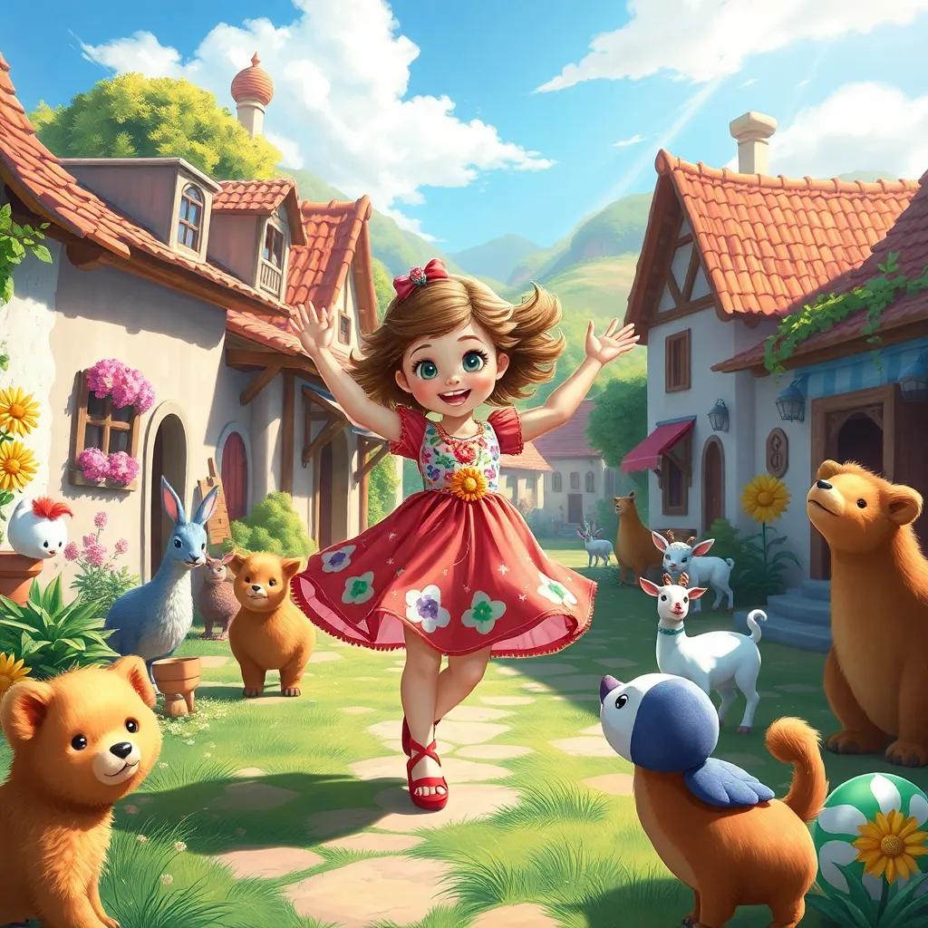 A little girl, Azeazea, dancing joyfully in a bright, sunny village, wearing a colorful dress, surrounded by happy animals, cheerful atmosphere, digital art, vibrant colors, high quality