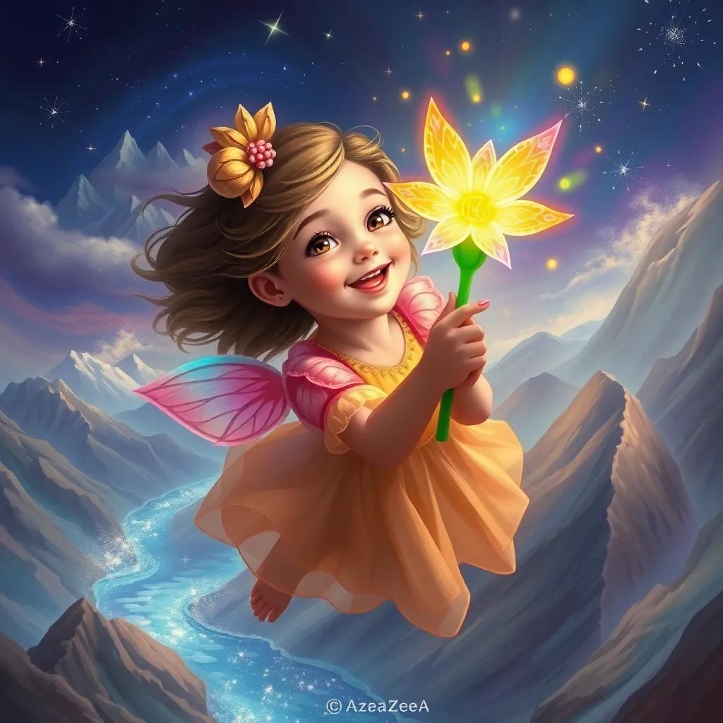 Azeazea, the little girl, holding a magical glowing flower that shines with rainbow colors, flying over majestic mountains and sparkling rivers, joyful expression, dreamy background, bright colors, enchanting scene, digital painting, uplifting