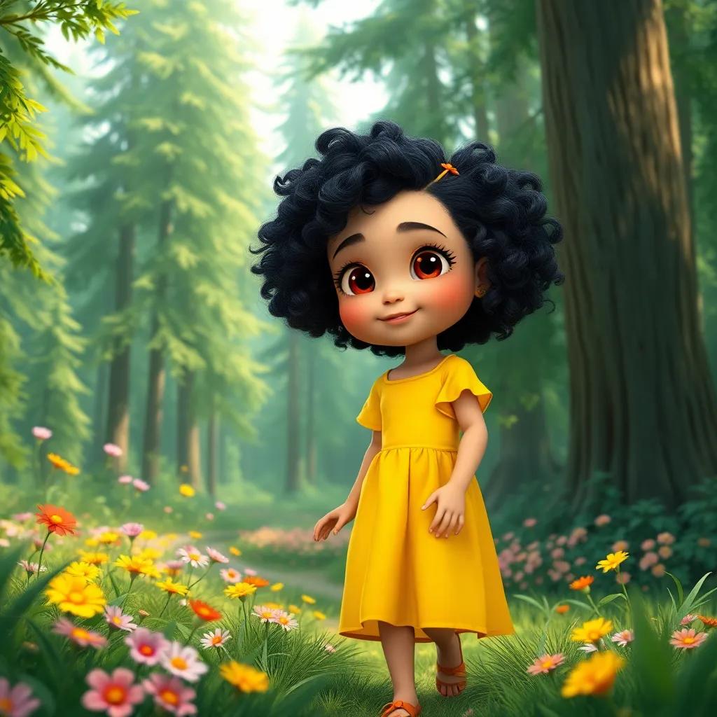 A young girl, Beby, with curly black hair, wearing a bright yellow dress, wandering through a lush green forest filled with tall trees and colorful flowers, digital art, vibrant colors, captivating scenery, playful atmosphere, high quality
