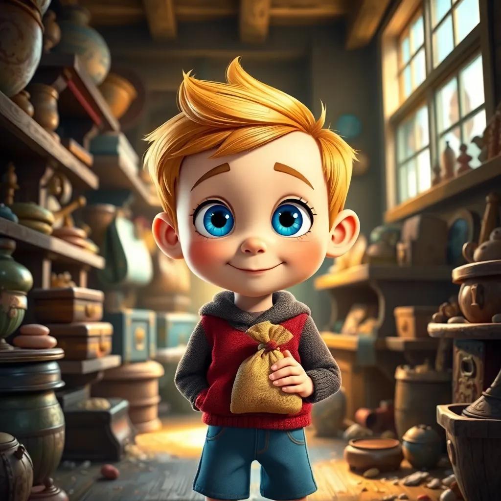 A curious boy named Benny with bright blue eyes, standing in a sunlit attic filled with treasures and dust, holding a small bag of magic beans, vibrant colors, playful atmosphere, high quality