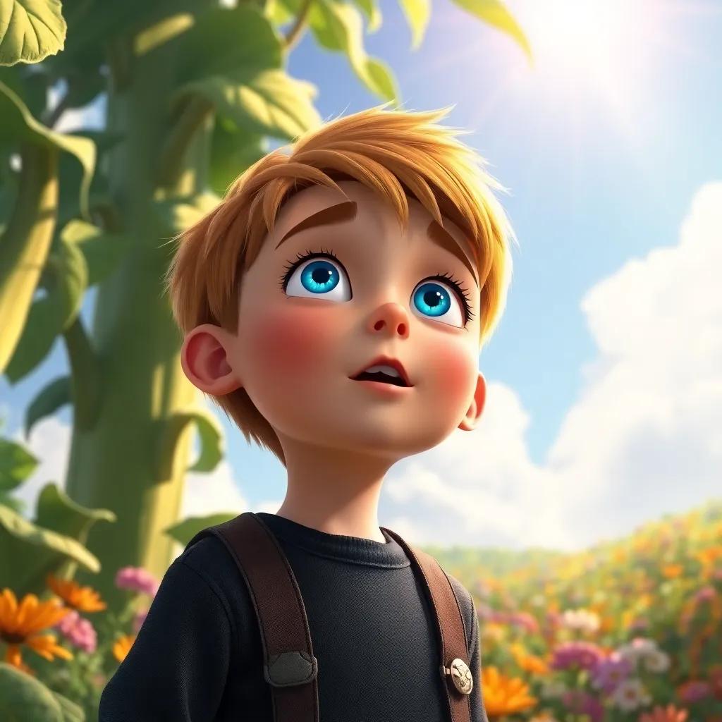Benny, a young boy with bright blue eyes, gasping in awe as he looks at a gigantic beanstalk reaching into the clouds, sunlight filtering through, colorful garden, adventure, detailed illustration