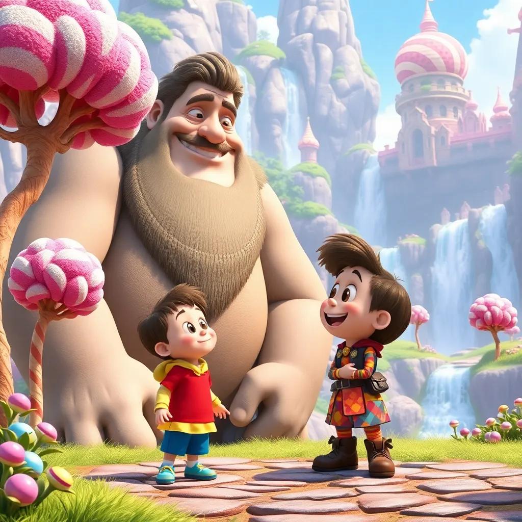 Benny meeting a giant named Gilly, who has a big smile and wears colorful clothes, in a magical kingdom with waterfalls and candy trees, bright colors, cheerful scene, fantasy, high quality