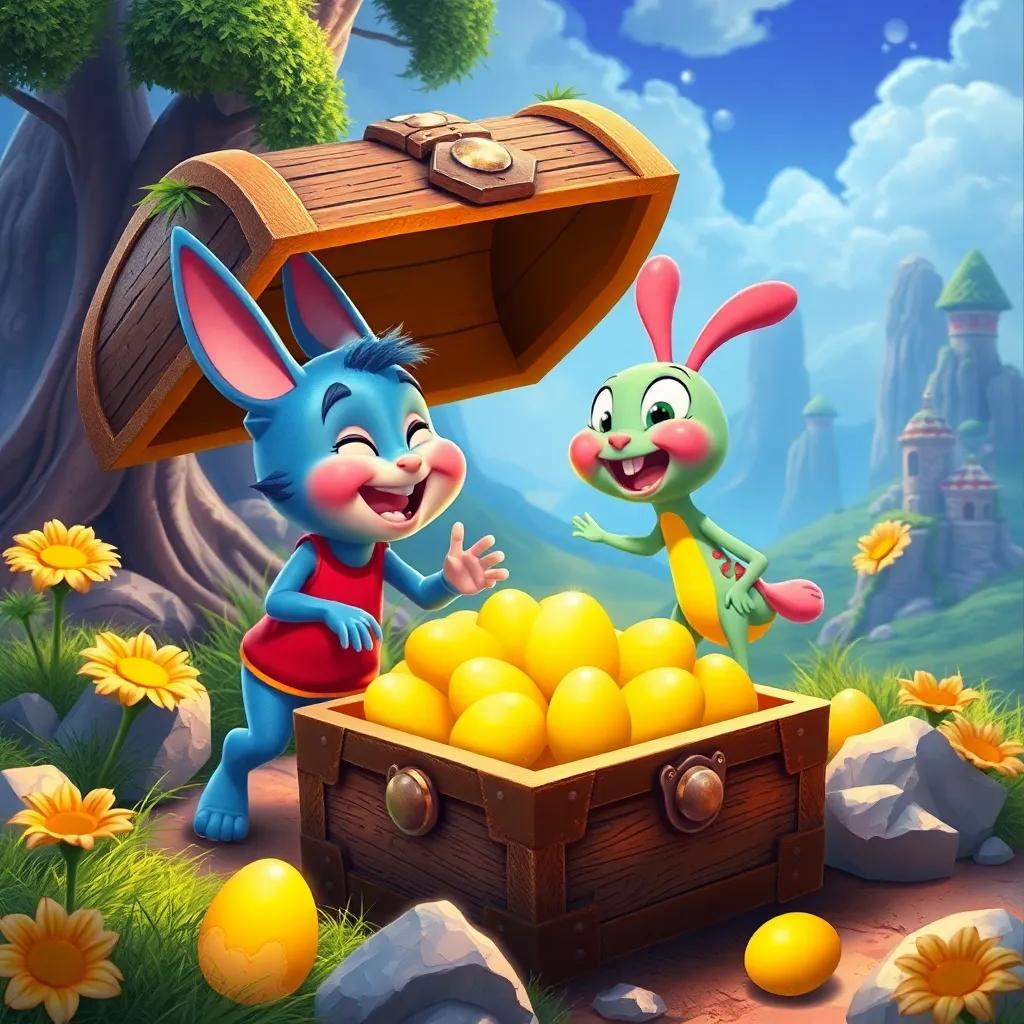 Benny and Gilly discovering a treasure chest filled with golden eggs, surrounded by magic landscapes, both laughing and dancing, joyful atmosphere, child-friendly, vibrant colors, fantastical
