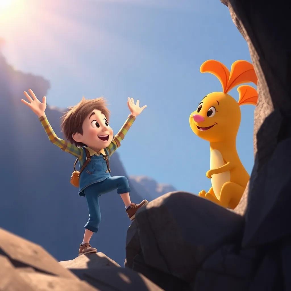 Benny waving goodbye to Gilly as he prepares to climb down, Gilly smiling back, their friendship shining bright, sunlight shining on them, warm colors, happy vibe, storytelling