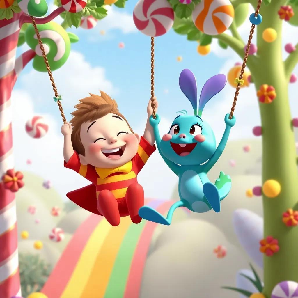 Benny and Gilly having fun together, swinging from candy trees and sliding down rainbows, filled with laughter and joy, colorful surroundings, whimsical and cheerful, high quality