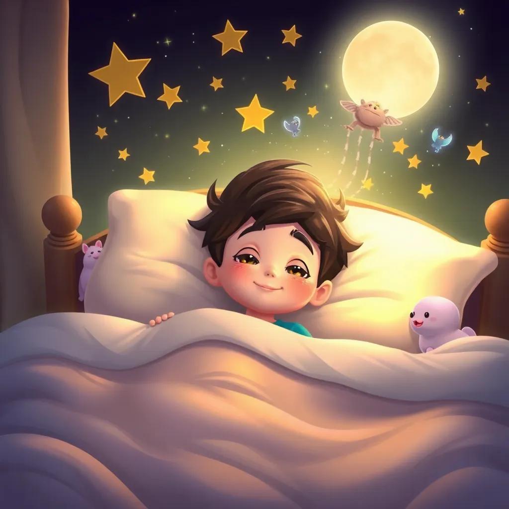 Benny in bed, dreaming of adventures, surrounded by stars and magical creatures, cozy atmosphere, warm colors, fantasy theme, peaceful