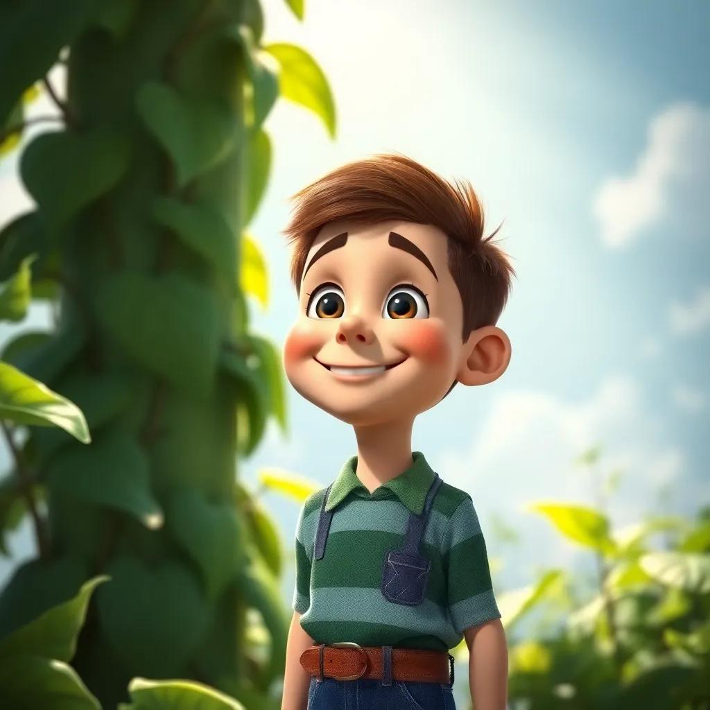 Benny confidently smiling in front of the beanstalk, knowing adventures await him, bright sunlight illuminating his face, inspiring, uplifting atmosphere, high quality