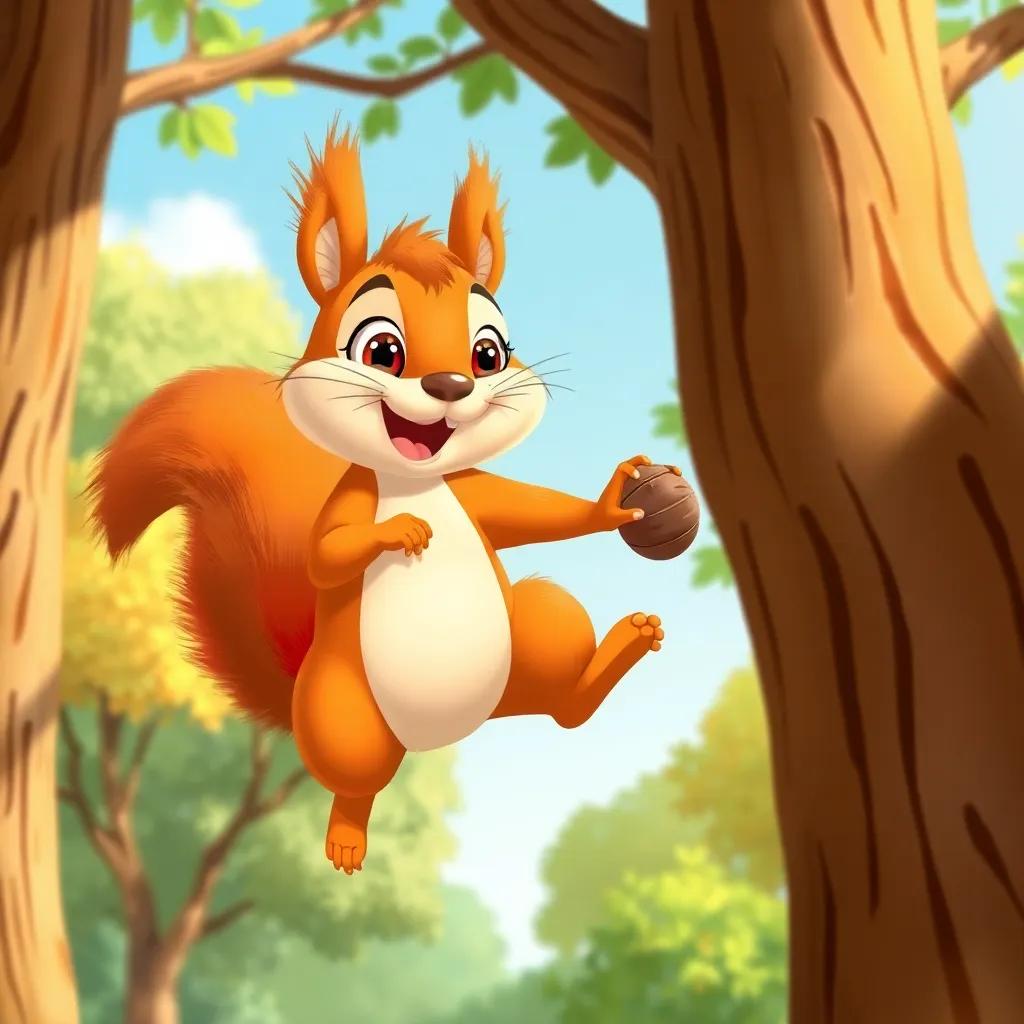 A lively squirrel, Sally, jumping from tree to tree in a sunny forest, with a bright smile and a nut in her tiny paws, detailed illustration, happy and bright, child-friendly