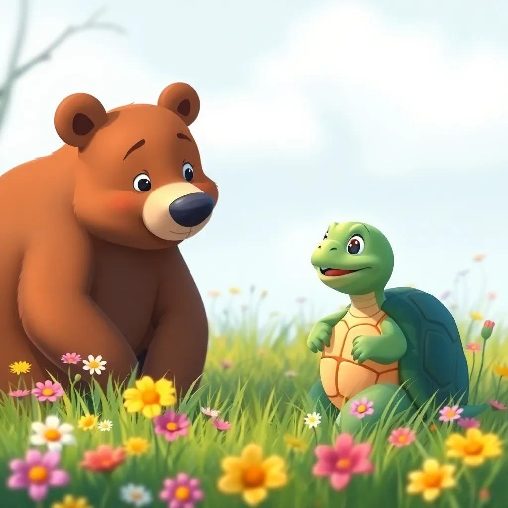 A wise old tortoise, Toby, sitting happily in the grass, giving advice to a brown bear, surrounded by flowers, in a serene meadow, whimsical style, calming color palette, family-friendly