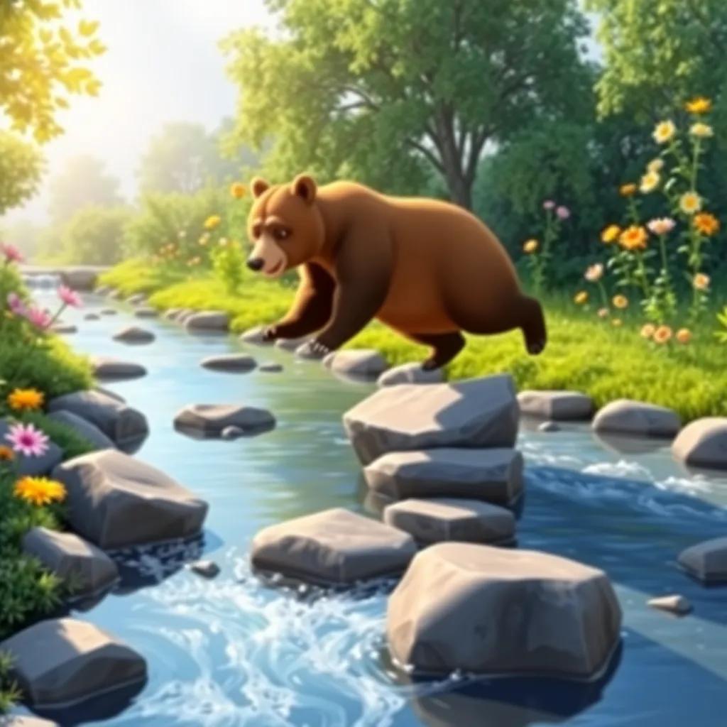 A sparkling stream with stepping stones, a brave bear hopping across, surrounded by colorful flowers swaying in the breeze, picturesque scene, bright colors, inviting nature, cheerful