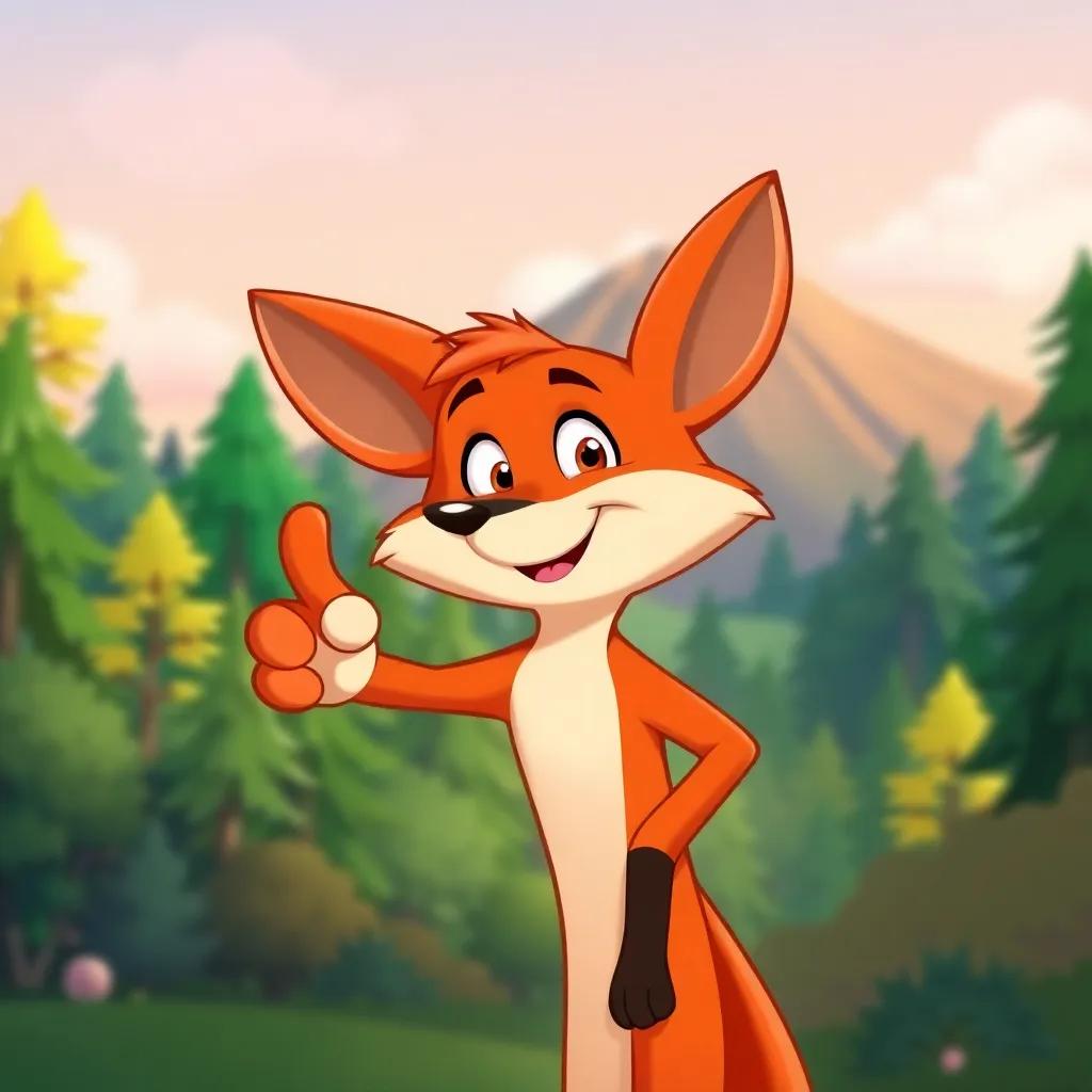 A cheerful fox, Freddy, pointing to a distant big hill with a smirk, looking playful and friendly in a vibrant forest backdrop, cartoon style, engaging, child-friendly