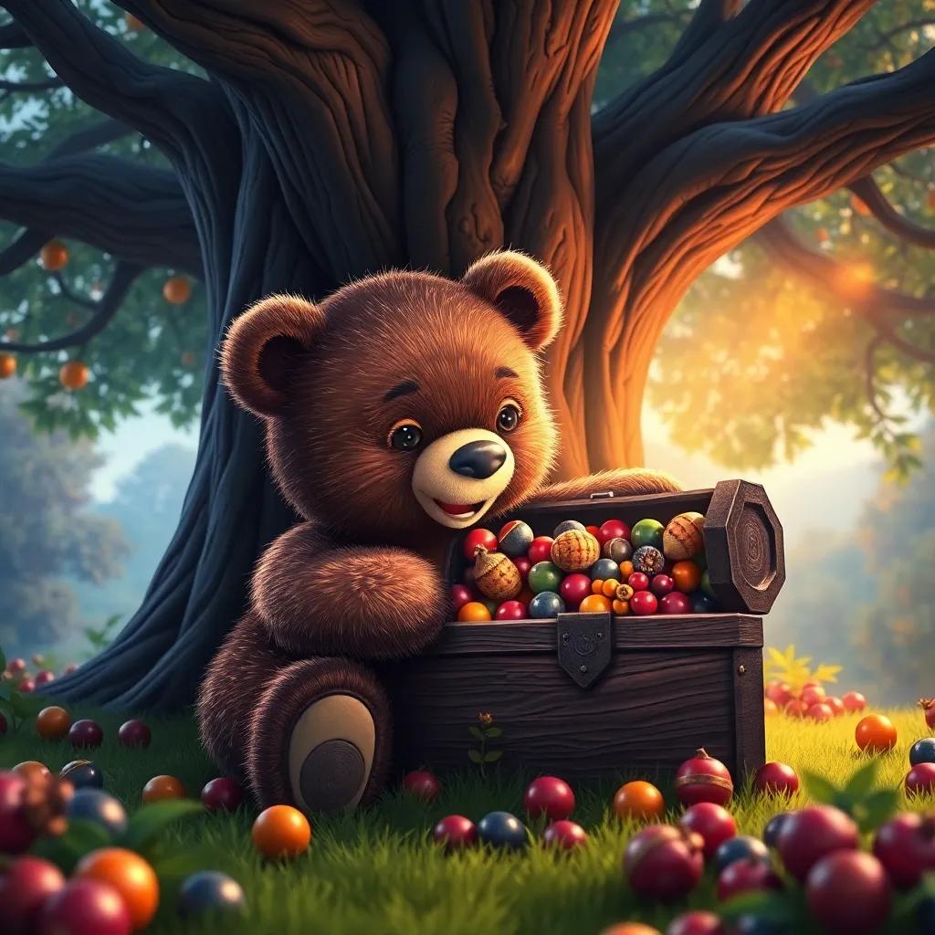 A teddy bear opening a treasure chest filled with shiny acorns and colorful berries under a big oak tree, full of wonder and joy, enchanting environment, rich colors, captivating ambiance