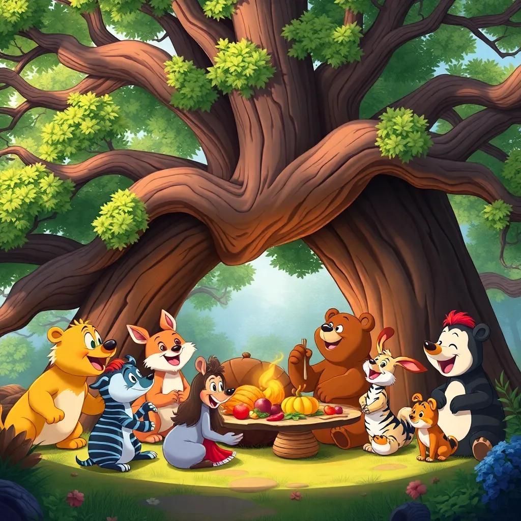 A joyful woodland gathering beneath a big oak tree, with a brown bear and his animal friends enjoying a feast together, laughter and camaraderie, delightful art, bright and cheerful
