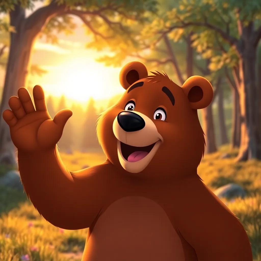 A smiling brown bear, Benny, happily waving goodbye to his friends, with a shining forest and the sunset in the background, heartwarming scene, vibrant colors, uplifting atmosphere