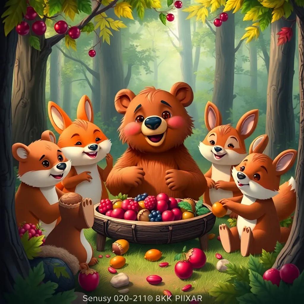 A forest scene with Benny Bear surrounded by his woodland friends, all sharing a feast of berries and acorns, joyful celebration, bright colors, inviting and heartwarming scene