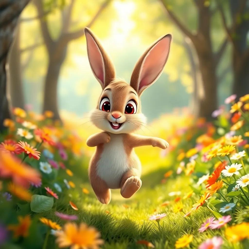 A little rabbit, Benny Bunny, with brown fur and big eyes, hopping joyfully through a colorful flower-filled forest, bright sunlight filtering through the trees, cheerful atmosphere, digital art, vibrant colors, charming and playful