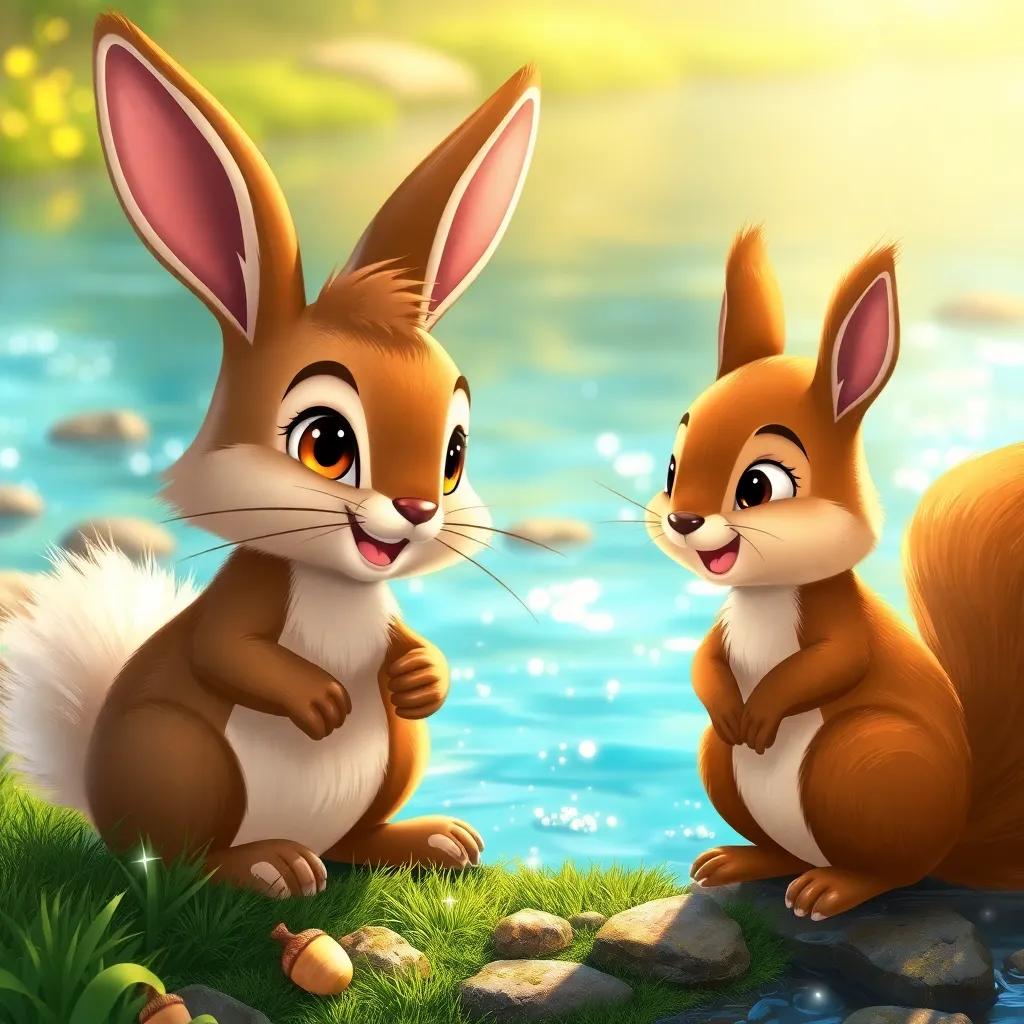Benny Bunny, with brown fur and bright eyes, with Sammy the squirrel, fluffy tails and acorns, chatting happily by a sparkling stream with clear cool water, warm sunlight, playful tone, detailed illustration, friendly