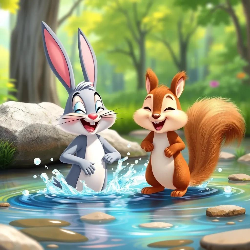 Benny Bunny and Sammy the squirrel splashing water playfully at the stream, laughter in the air, sunny day, colorful forest backdrop, cheerful expression, high-quality illustration