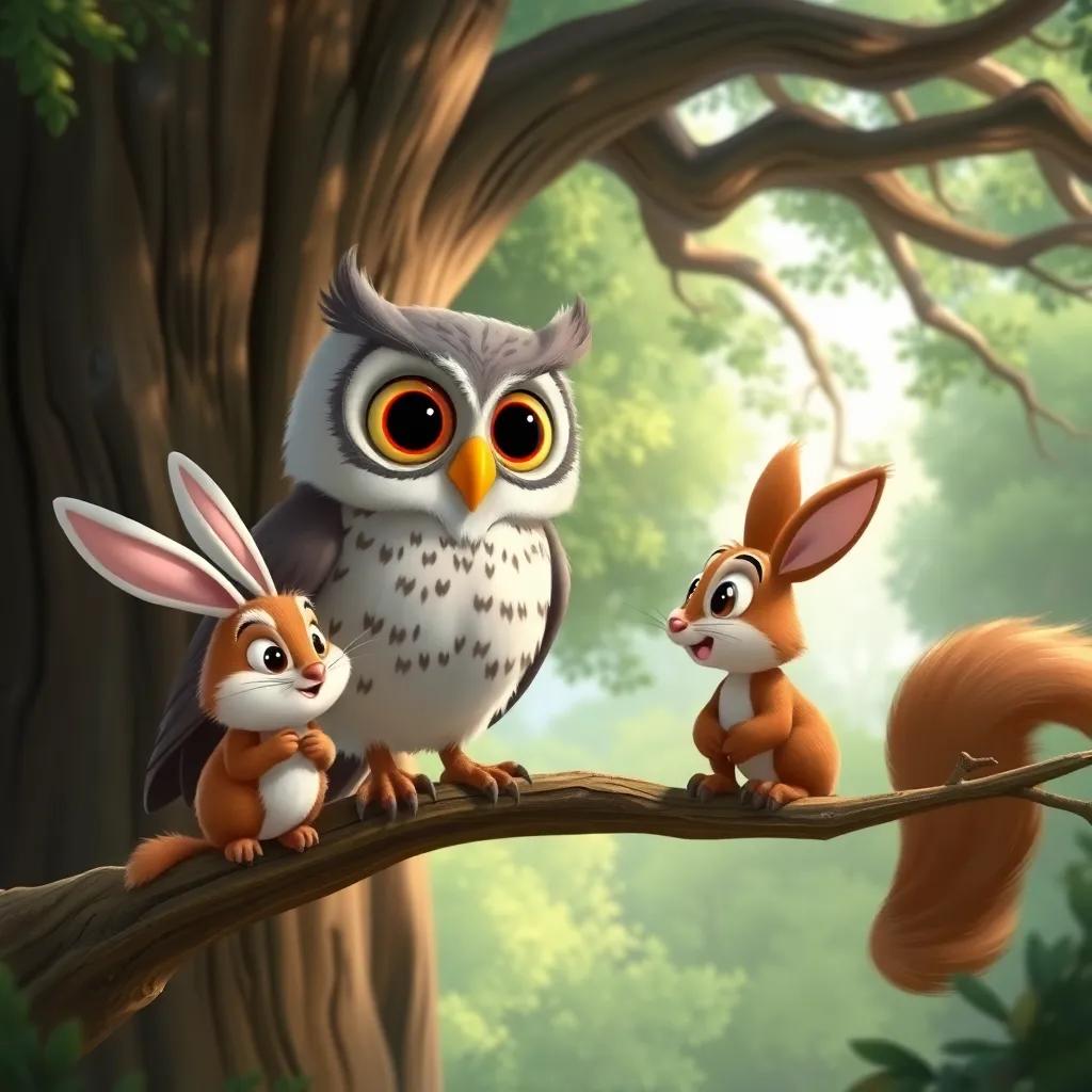 A wise old owl, Oliver, with big round eyes on a branch, talking to Benny Bunny and Sammy the squirrel, in front of a large oak tree, soft forest light, friendly and inviting vibe, bright colors, detailed art