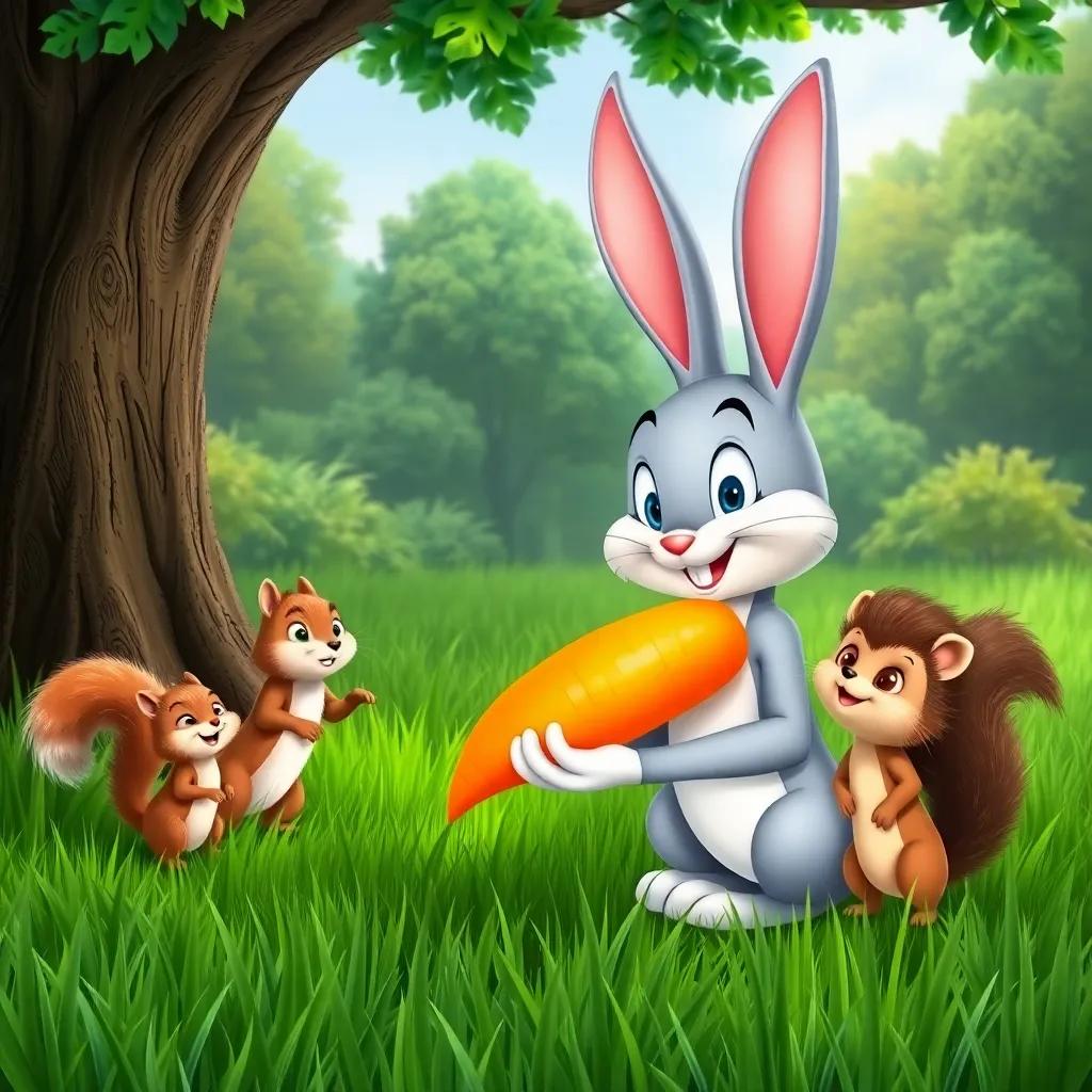Benny Bunny, with Sammy the squirrel and Hazel the hedgehog, looking at a big, bright orange carrot under the oak tree, excitement on their faces, lush green grass, vibrant forest scenery, joyful moment, child-friendly art