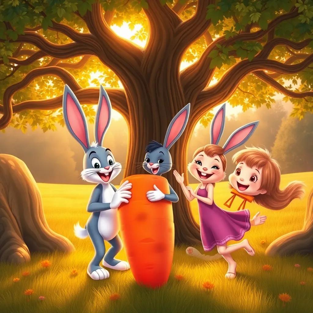 Benny Bunny, Sammy, and Hazel celebrating under the oak tree, dancing around a giant carrot, all smiling and happy, warm golden light of sunset, heartwarming and cheerful scene, vibrant illustration, high quality